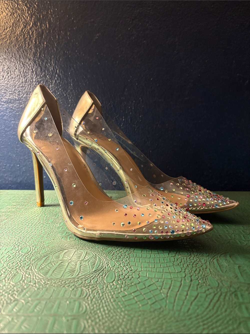 I.N.C. plexi pumps with multicolored strass gems and platinum heels